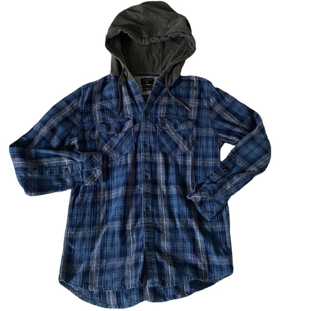QUIKSILVER REGULAR FIT BUTTON DOWN FLANNEL HOODIE BLUE GRAY MENS SMALL